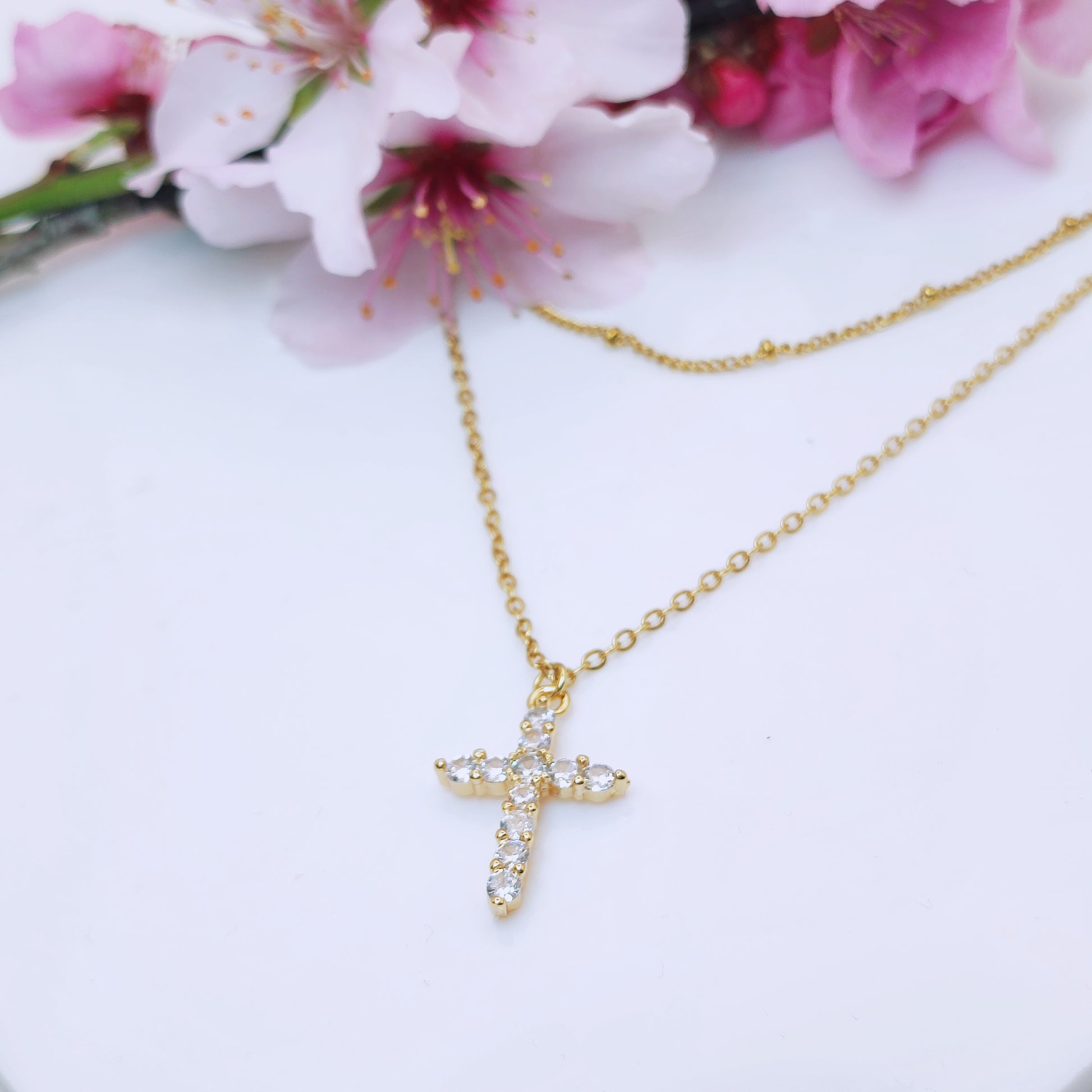 18k gold plated stainless steel waterproof water-resistant crystal cross layered necklace - Mia Ishaaq