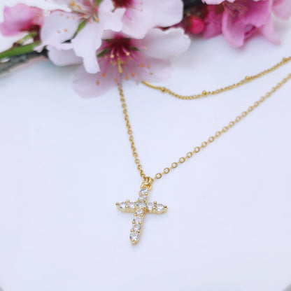 18k gold plated stainless steel waterproof water-resistant crystal cross layered necklace - Mia Ishaaq