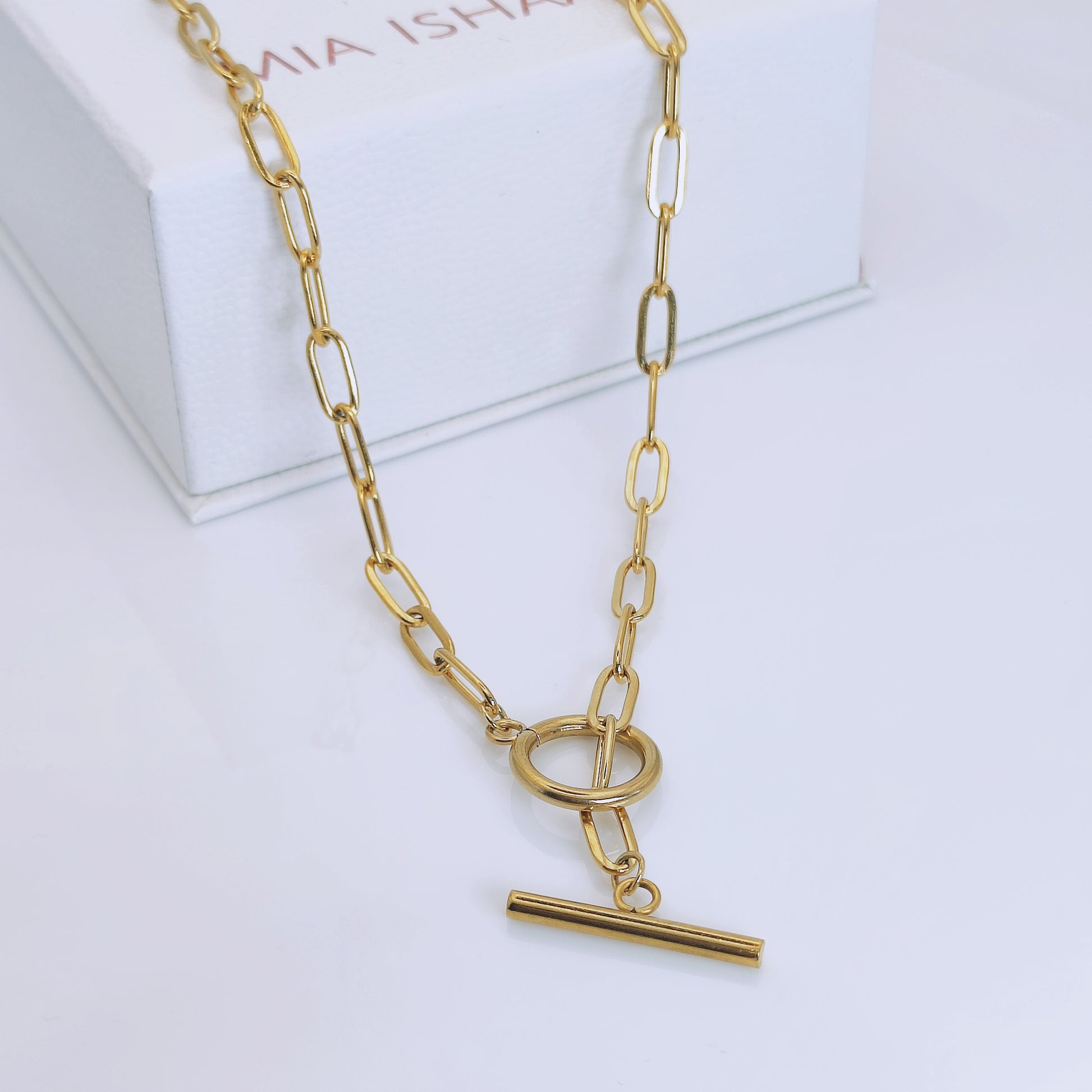 18k gold plated stainless steel link chain t-bar choker necklace - Mia Ishaaq