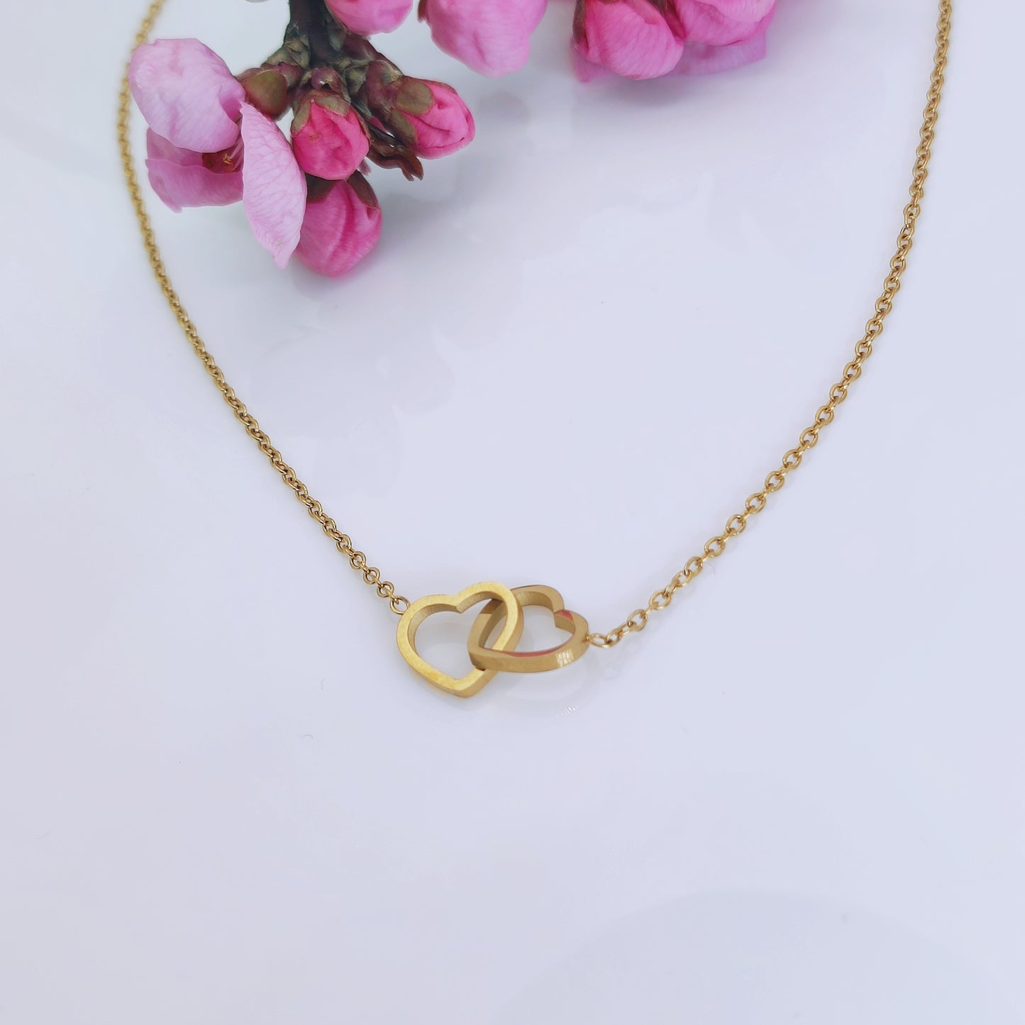 18k gold plated stainless steel eternal love twin hearts necklace - Mia Ishaaq