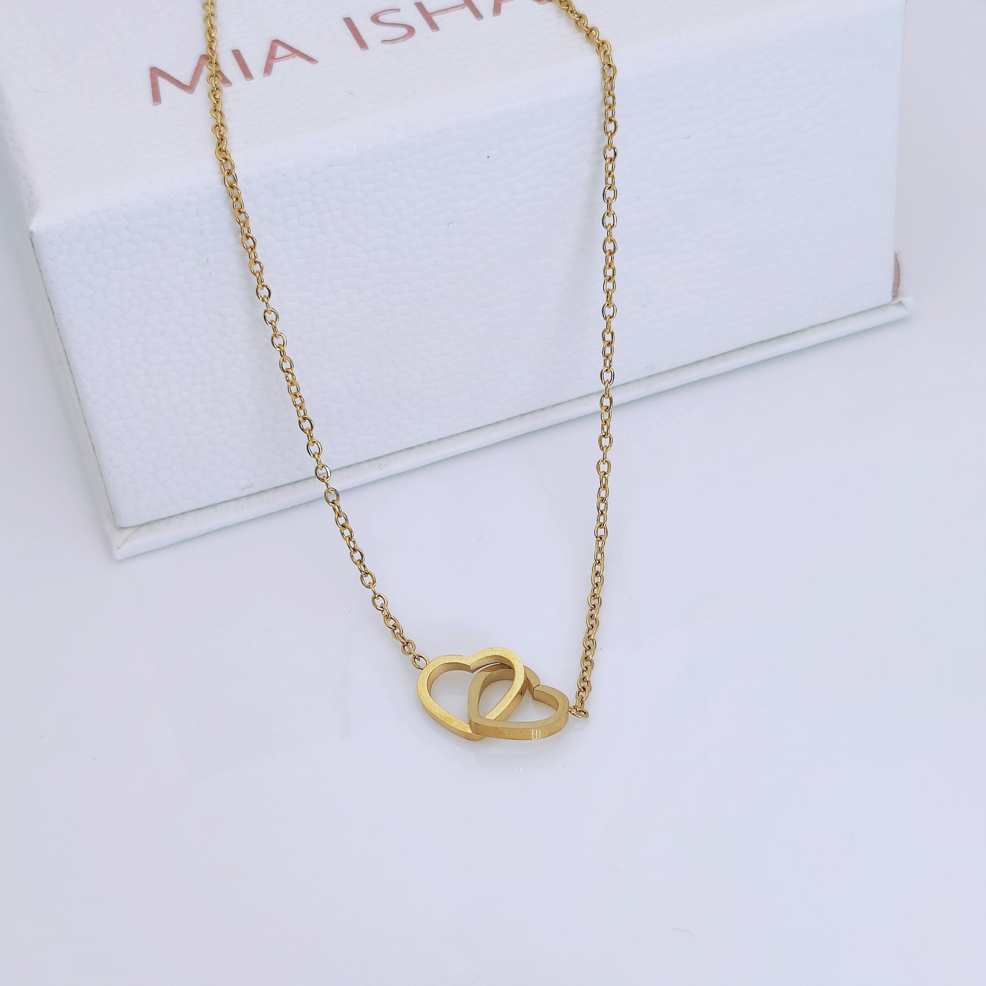 18k gold plated stainless steel eternal love twin hearts necklace - Mia Ishaaq