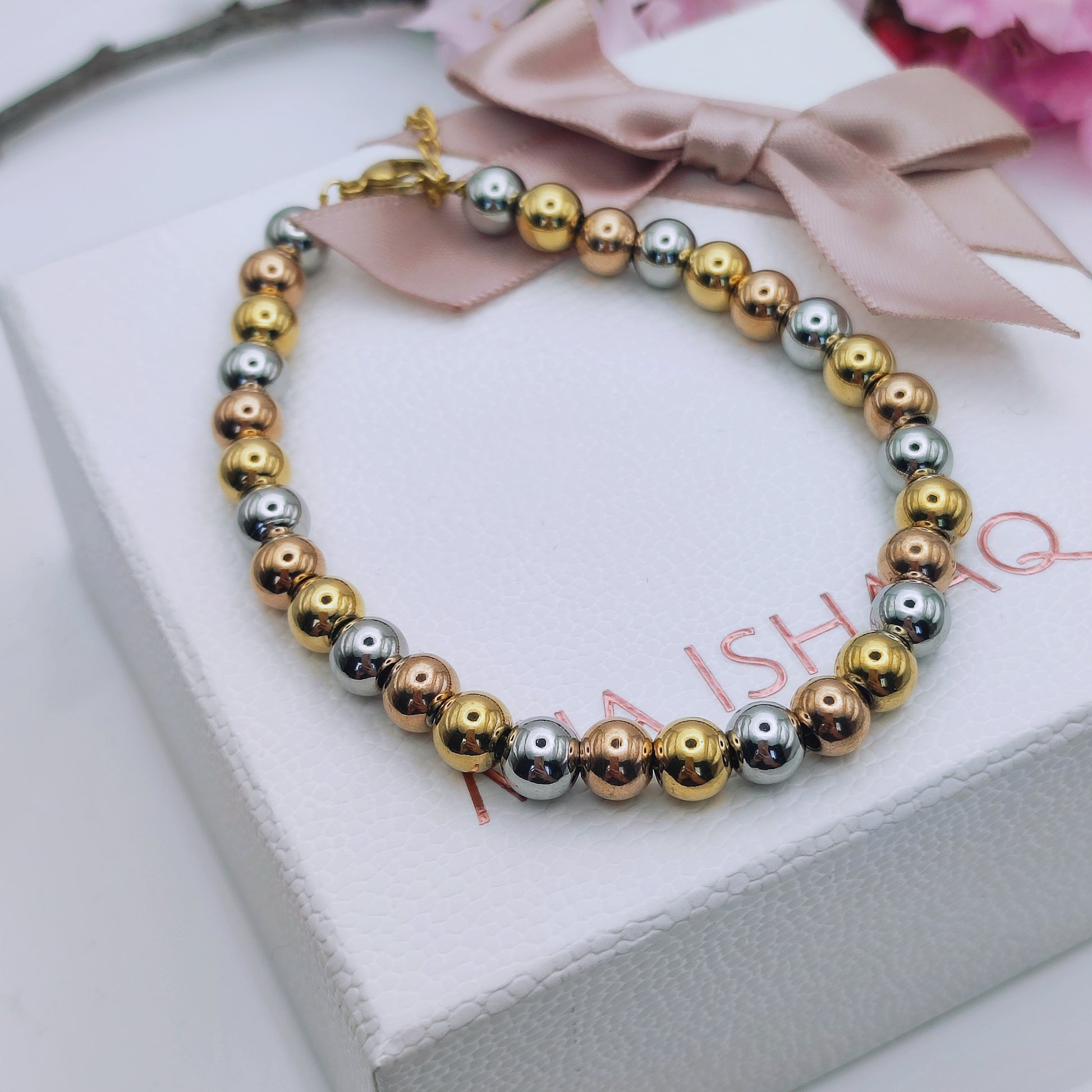 18k gold plated stainless steel waterproof water-resistant non-tarnish silver gold rose gold beaded bracelet - Mia Ishaaq