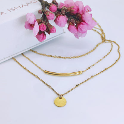 18k gold plated stainless steel curve bar round tag multi layered chain necklace - Mia Ishaaq