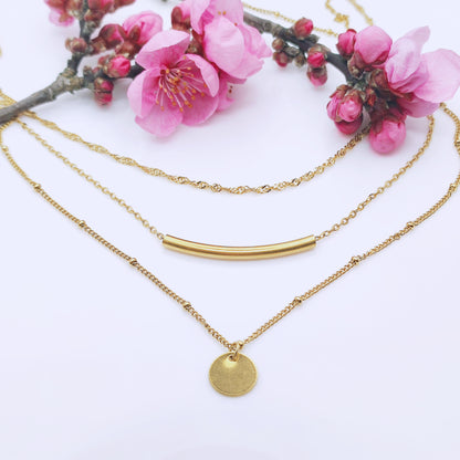 18k gold plated stainless steel curve bar round tag multi layered chain necklace - Mia Ishaaq