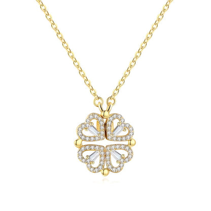 925 sterling silver good luck heart shape clover magentic necklace in gold with cubic zirconia - Mia Ishaaq