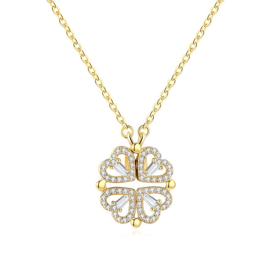 925 sterling silver good luck heart shape clover magentic necklace in gold with cubic zirconia - Mia Ishaaq