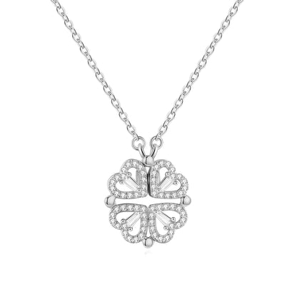 925 sterling silver good luck heart shape clover magentic necklace in silver with cubic zirconia - Mia Ishaaq