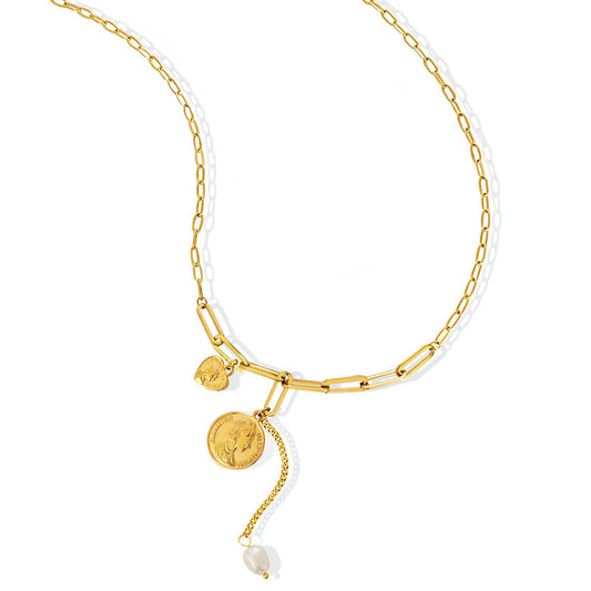 18k gold plated stainless steel coin and pearl link chain necklace - waterproof jewellery - Mia Ishaaq