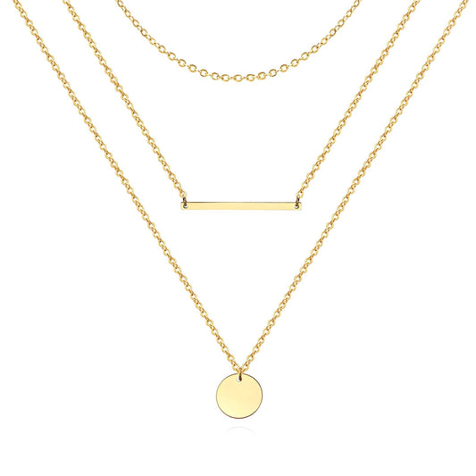18k gold plated stainless steel multi chain bar and round tag layered necklace - Mia Ishaaq