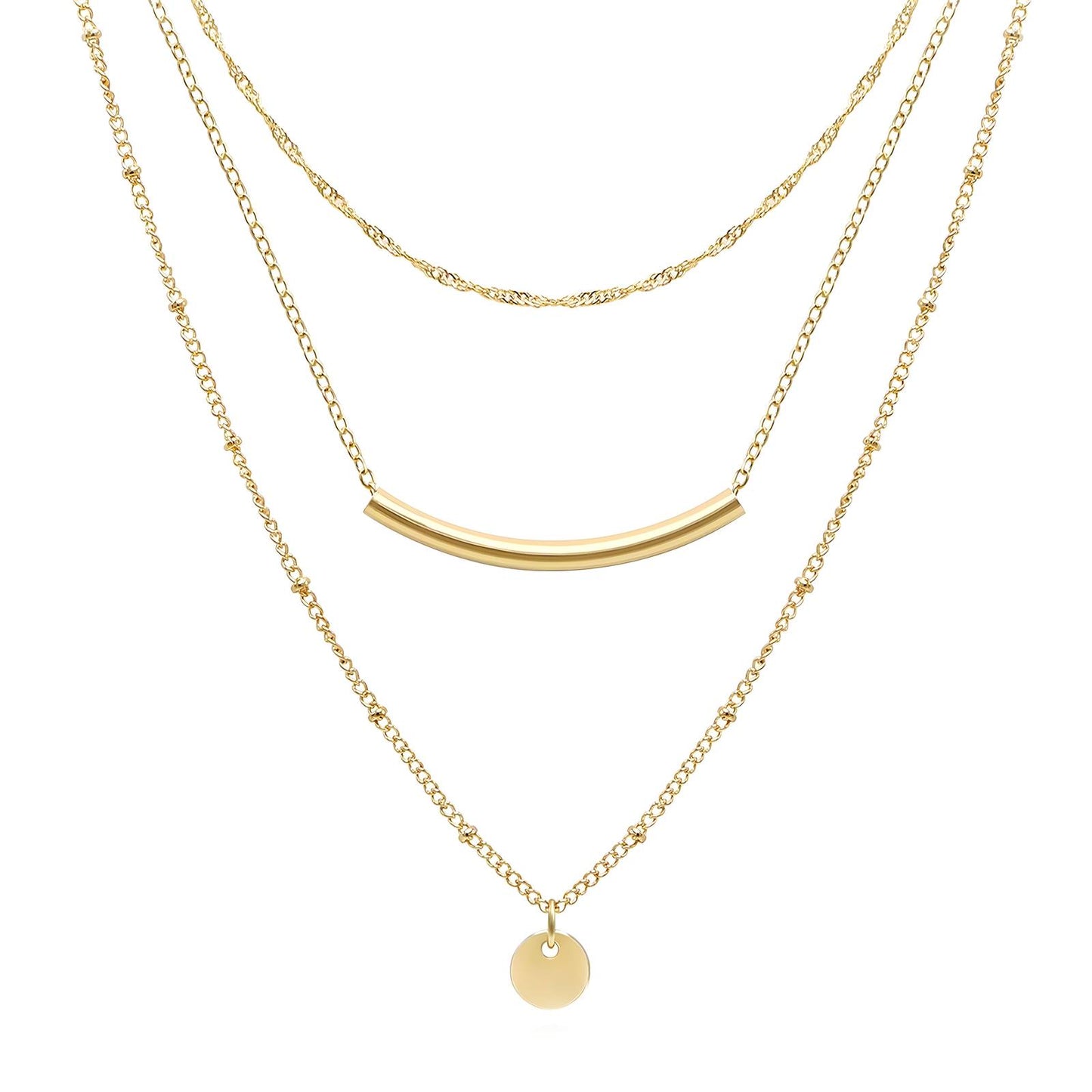 18k gold plated stainless steel curve bar round tag multi layered chain necklace - Mia Ishaaq