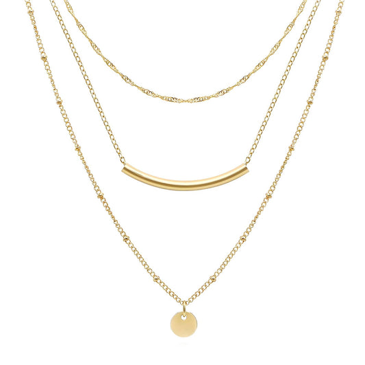 18k gold plated stainless steel curve bar round tag multi layered chain necklace - Mia Ishaaq