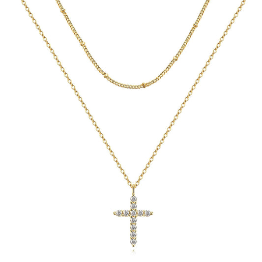 18k gold plated stainless steel waterproof water-resistant crystal cross layered necklace - Mia Ishaaq