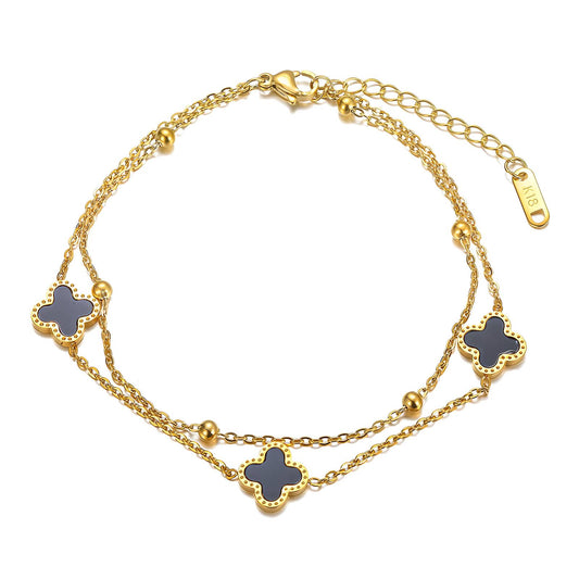 18k gold plated stainless steel waterproof water-resistant non-tarnish four leaf clover double chain bracelet - Mia Ishaaq