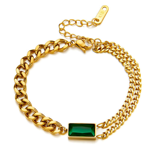 18k gold plated stainless steel vintage green crystal multi chain adjustable bracelet - Mia Ishaaq