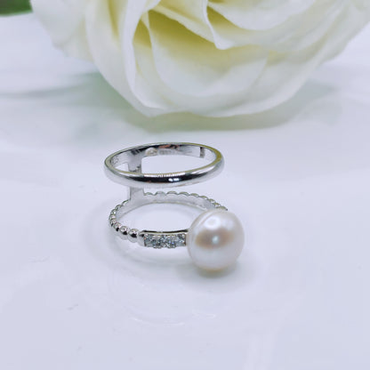 Sterling Silver Double Circle Joint ring with freshwater pearl and clear cubic zirconia gems - Mia Ishaaq