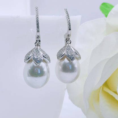 Sterling silver cubic zirconia shell pearl large drop earrings - Mia Ishaaq