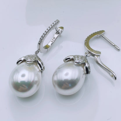 Sterling silver cubic zirconia shell pearl large drop earrings - Mia Ishaaq