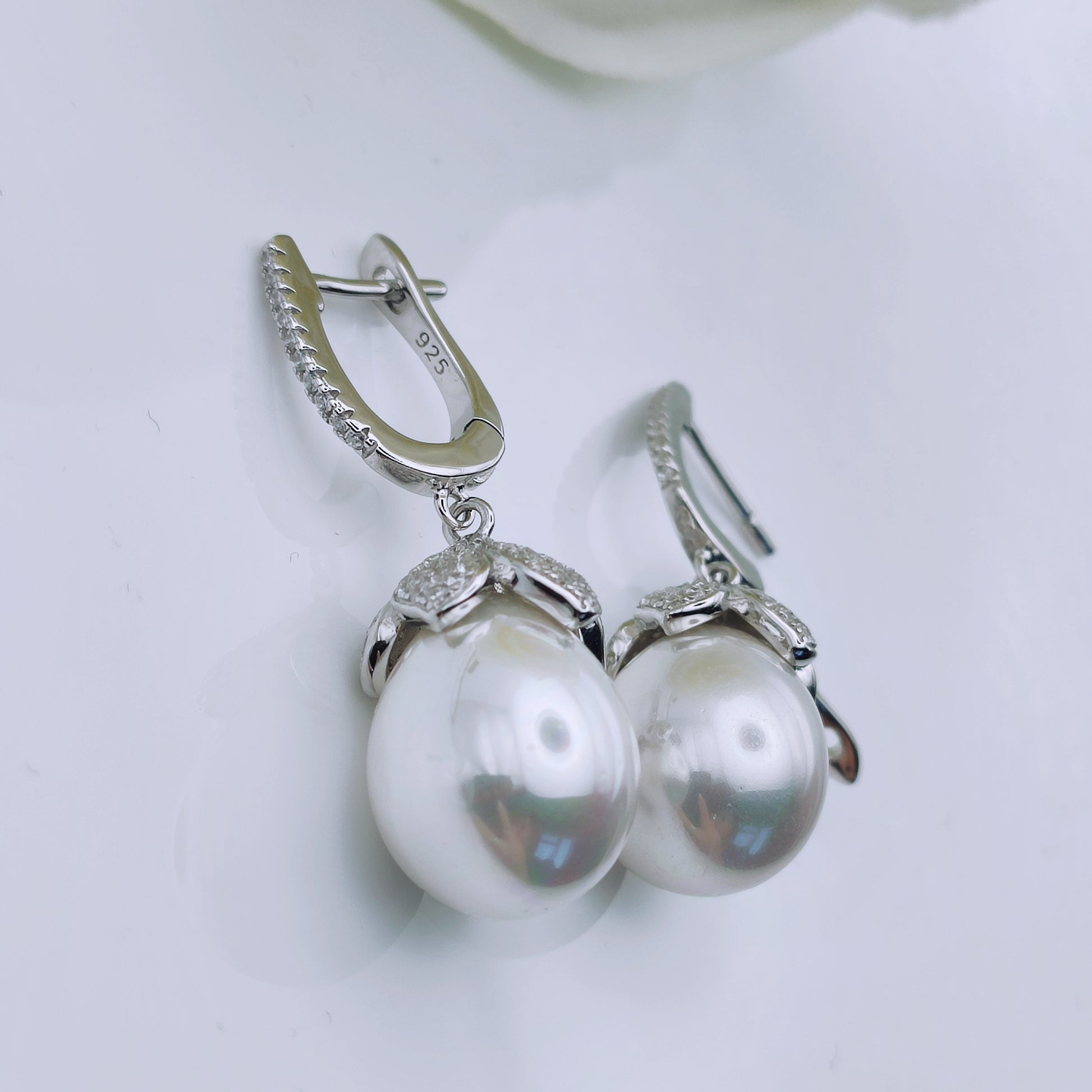 Sterling silver cubic zirconia shell pearl large drop earrings - Mia Ishaaq