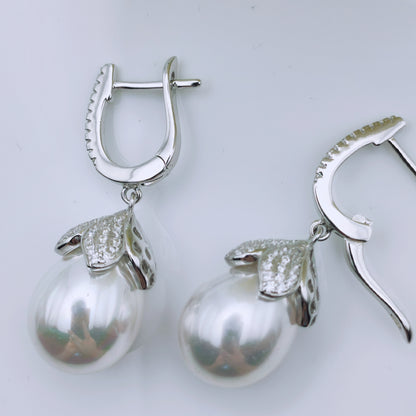 Sterling silver cubic zirconia shell pearl large drop earrings - Mia Ishaaq