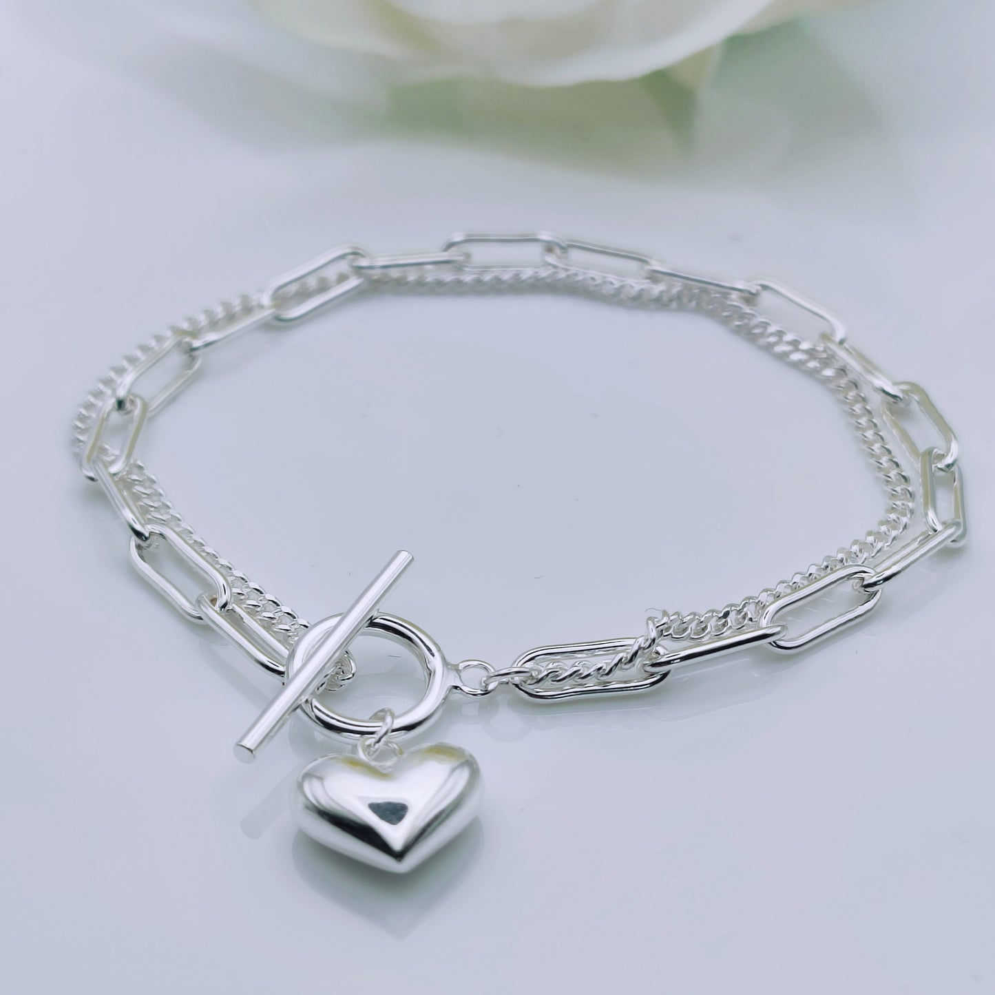 Sterling Silver Double Chain Heart Tag T-Bar Bracelet - Mia Ishaaq