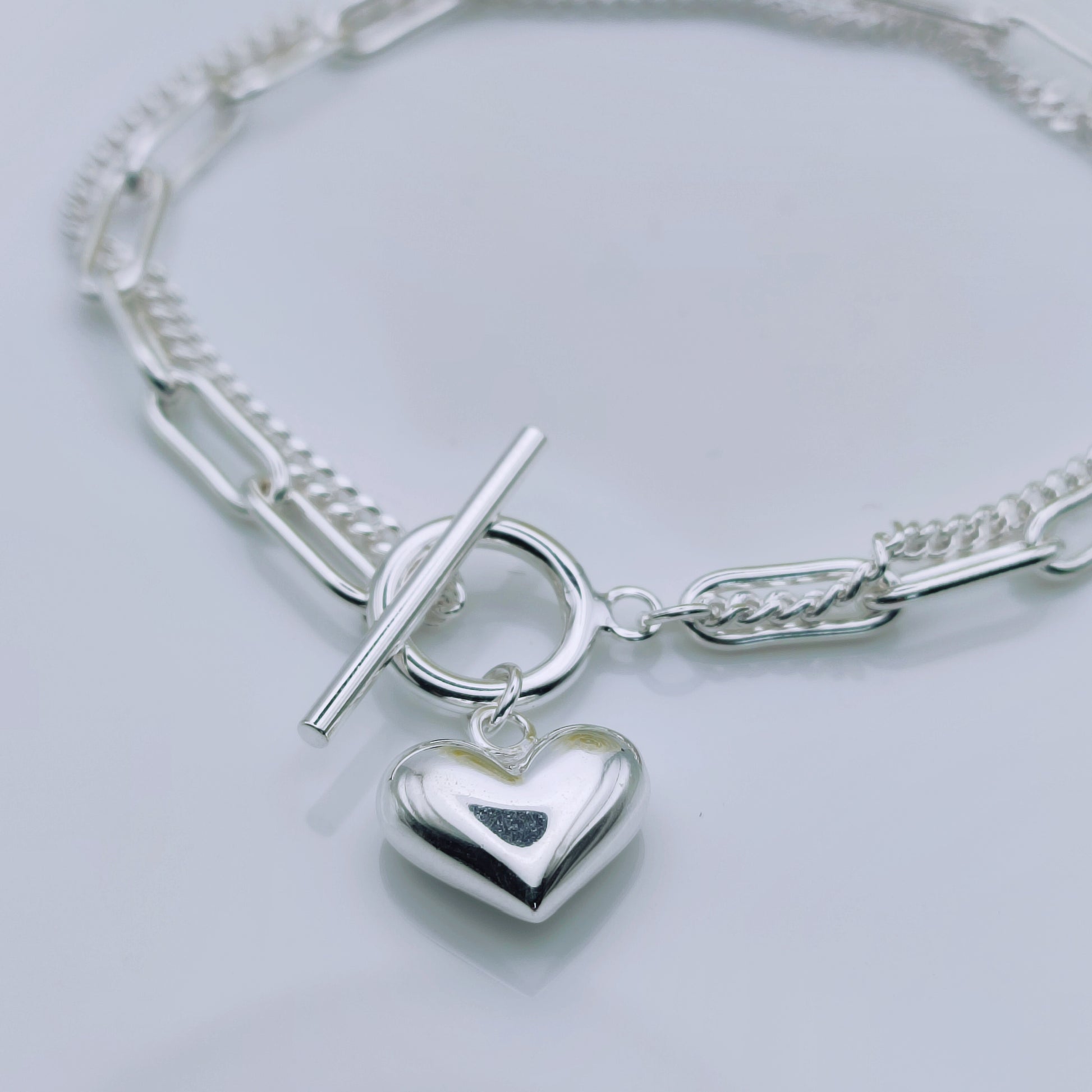 Sterling Silver Double Chain Heart Tag T-Bar Bracelet - Mia Ishaaq