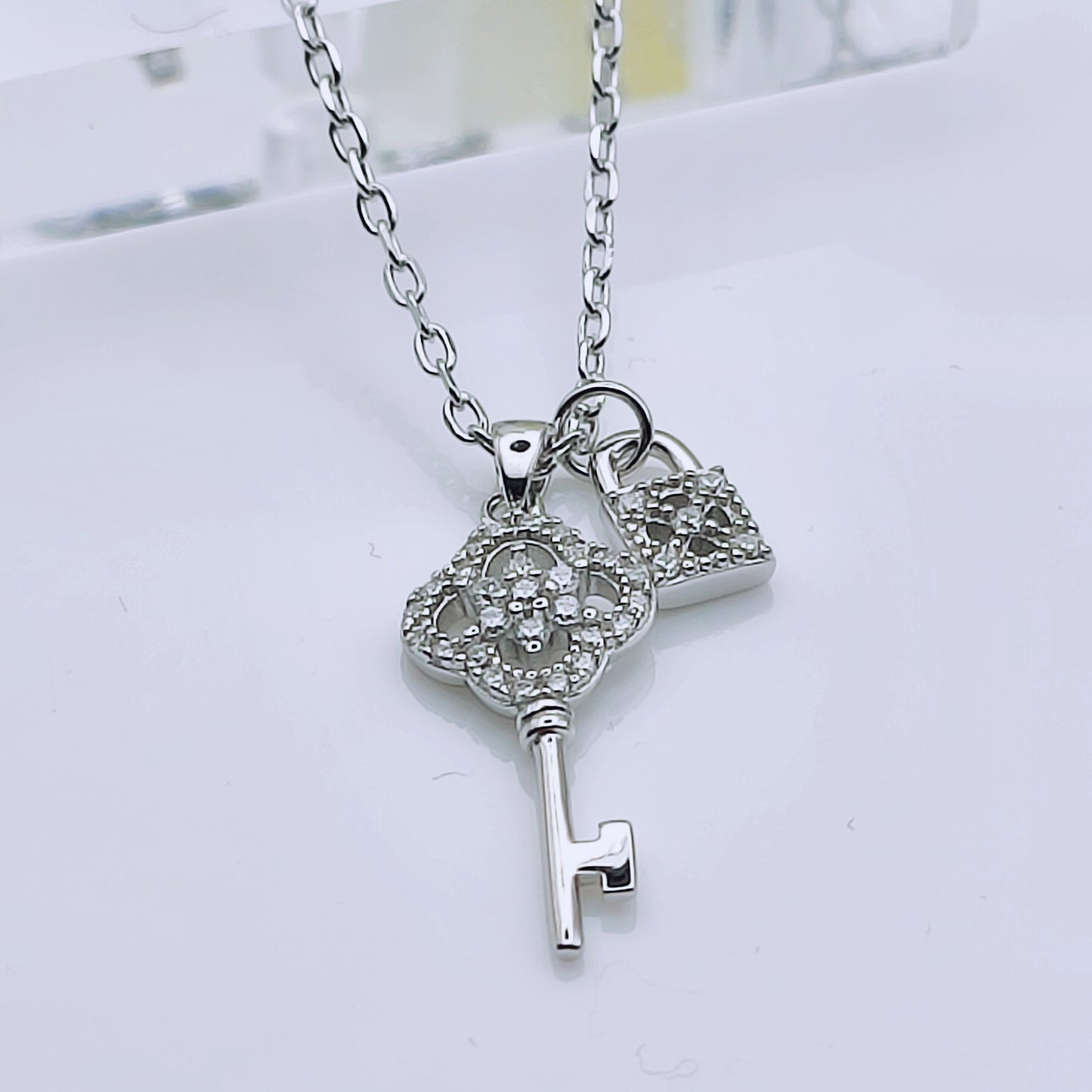 Sterling Silver Paddle Lock and Key Cubic Zirconia Pendant with 45cm Chain NEcklace - Mia Ishaaq