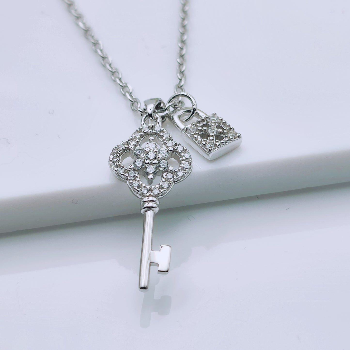 Sterling Silver Paddle Lock and Key Cubic Zirconia Pendant with 45cm Chain NEcklace - Mia Ishaaq